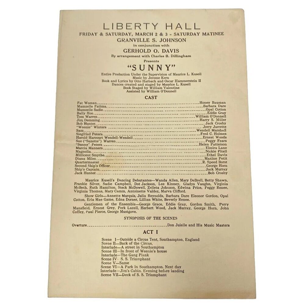 Liberty Hall Presents SUNNY March 12, 1928 Program Play 1928 Ephemera Playbill